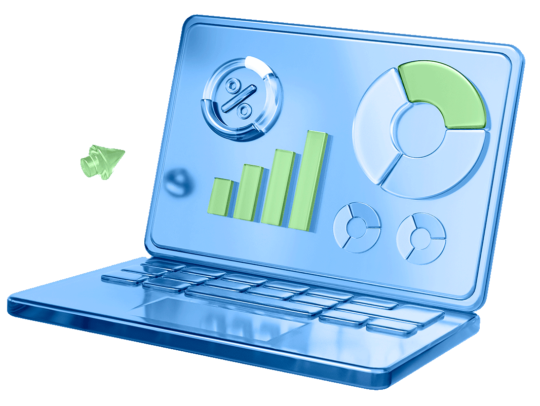 Glass-blue laptop showing analytics dashboards